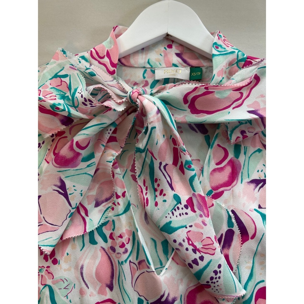 RIXO Amel Pink Teal Floral Silk Blend Kitten Bow Midi Dress Long Bell Sleeve XS - Picture 7 of 9